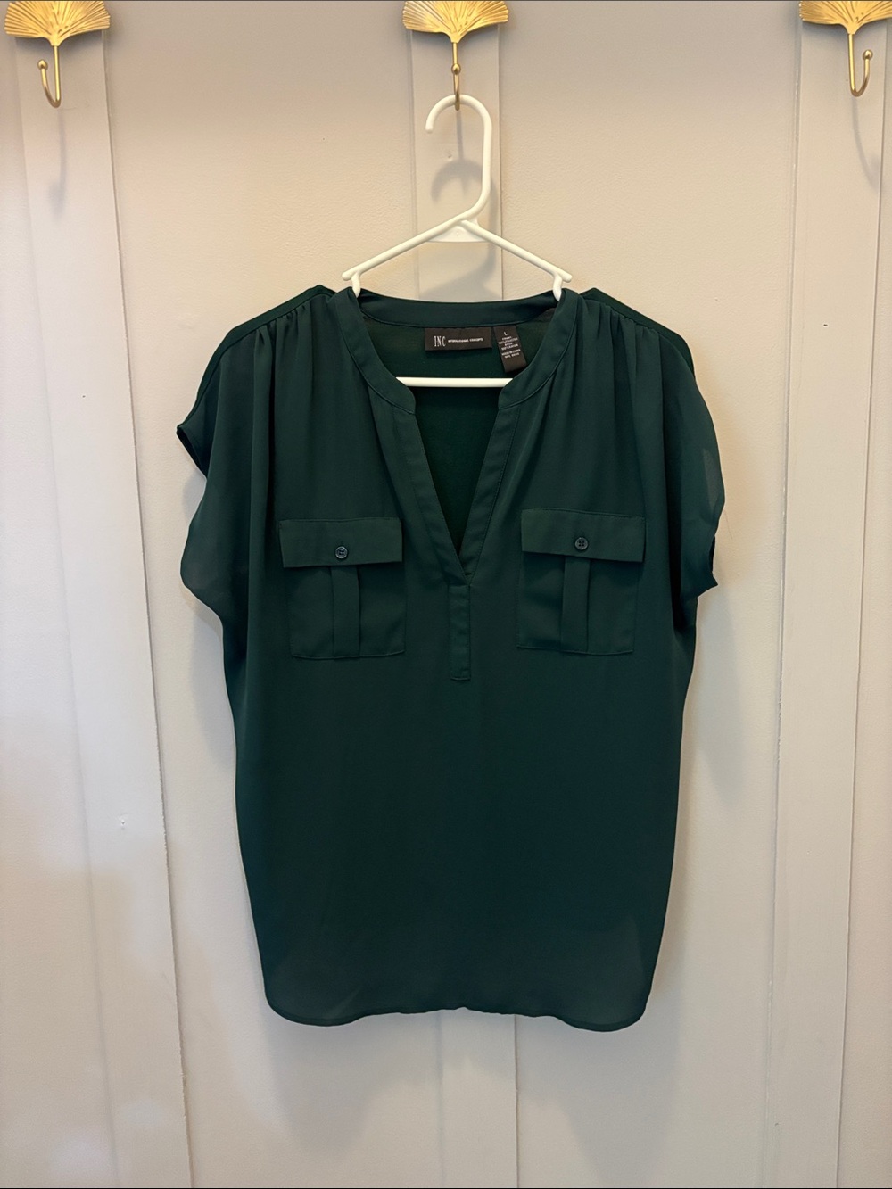 INC International Concepts Forest Green Split V-Neck Short Sleeve Blouse